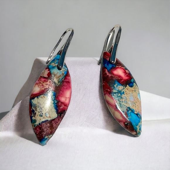 💙 Sterling Silver French Hook Natural Jasper Stone Curvy Boho Drop Earrings